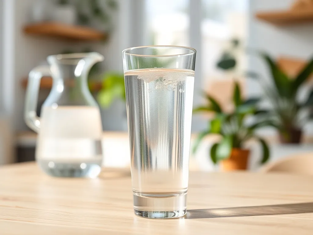 Szklanka wody na jasnym stole w słonecznej kuchni, podkreślająca znaczenie codziennego nawodnienia organizmu.