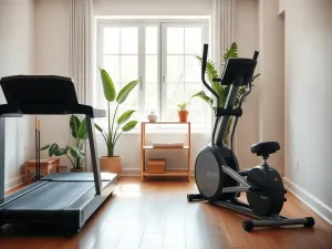 Osoba ćwicząca na rowerze stacjonarnym w jasnym, przytulnym salonie, podkreślająca domowy, zdrowy styl życia.