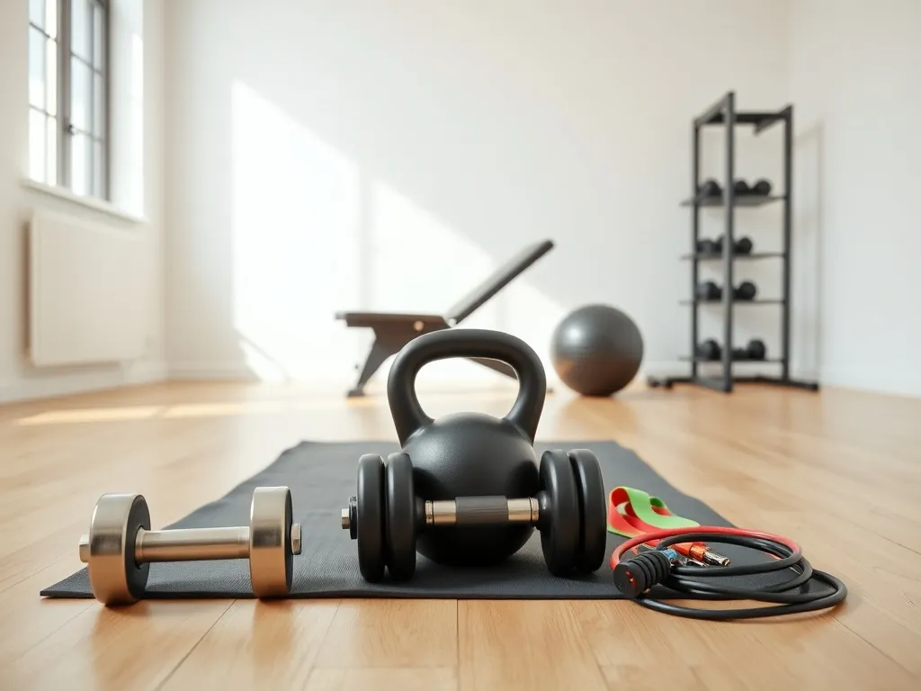 Minimalistyczna domowa siłownia z podstawowym sprzętem: hantle, kettlebell, mata, gumy oporowe i ławka treningowa.
