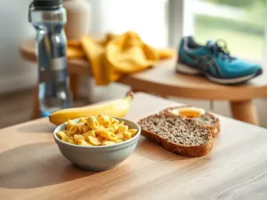 Porcja makaronu, banan i chleb z miodem jako przykładowy posiłek węglowodanowy przed treningiem, w tle butelka wody i buty