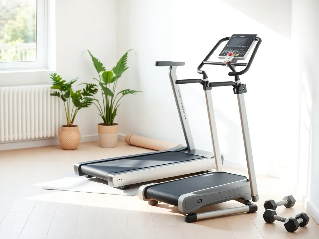 Nowoczesny kącik domowej siłowni z bieżnią i stepperem obok siebie, pokazujący sprzęt do cardio w małej przestrzeni.