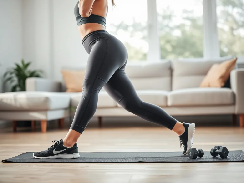 Kobieta w wykroku na macie w salonie, eksponujące uda ćwiczenia na odchudzanie, obok hantle i butelka z wodą.