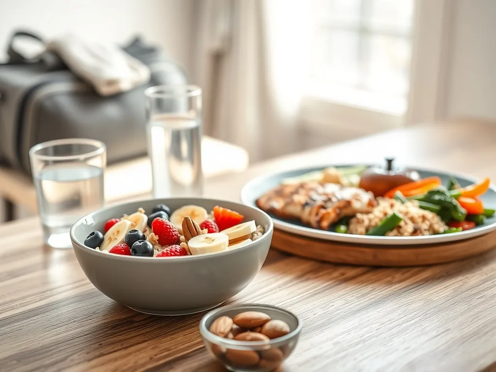 Kolorowy posiłek regeneracyjny po treningu: owsianka z owocami, kurczak z komosą i warzywami, woda oraz orzechy na stole