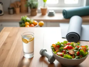 Kolorowa sałatka, woda z cytryną, hantle i mata do jogi na stole, symbol zdrowego stylu życia i szybszego metabolizmu.