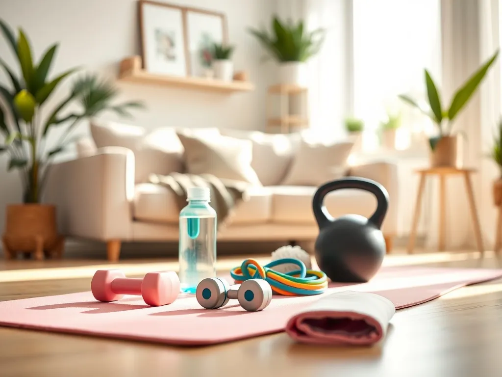 Zestaw pastelowych hantli, maty i gum oporowych do domowego treningu w jasnym, przytulnym salonie dla kobiet