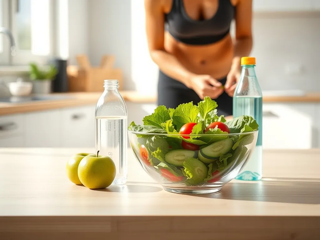 Sałatka, woda i jabłko na stole w jasnej kuchni, w tle osoba w stroju sportowym przygotowuje się do treningu.