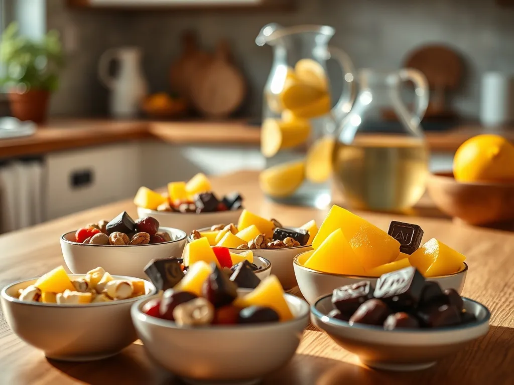Miseczki z owocami, orzechami, daktylami i gorzką czekoladą jako zdrowe zamienniki słodyczy na drewnianym blacie kuchni