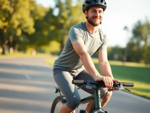 Osoba na rowerze jedzie ścieżką w parku, promieniując zdrowiem, lekkością ruchu i przyjemnością z aktywności.