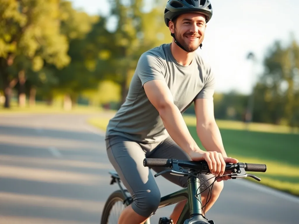 Osoba na rowerze jedzie ścieżką w parku, promieniując zdrowiem, lekkością ruchu i przyjemnością z aktywności.