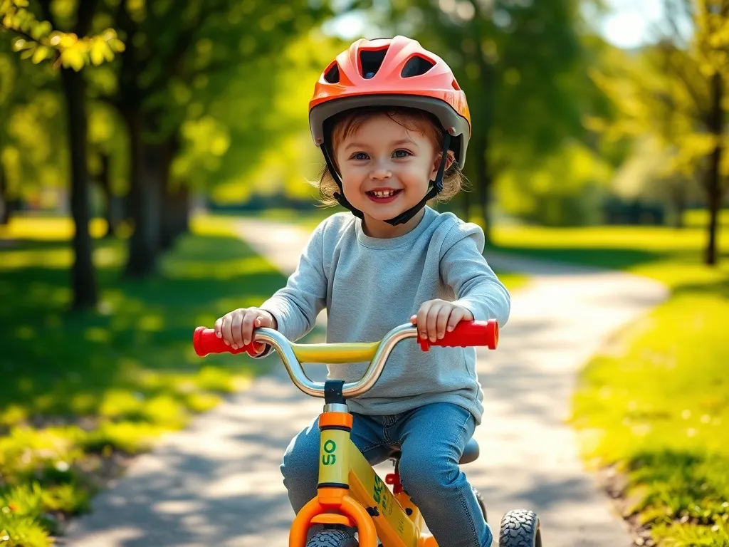 Dziecko na kolorowym rowerku z bocznymi kółkami, asekurowane przez dorosłego w słonecznym parku podczas nauki jazdy.