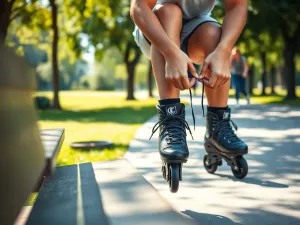 Osoba na rolkach siedzi na ławce, sznuruje but i rozciąga nogę przed jazdą w słonecznym parku.