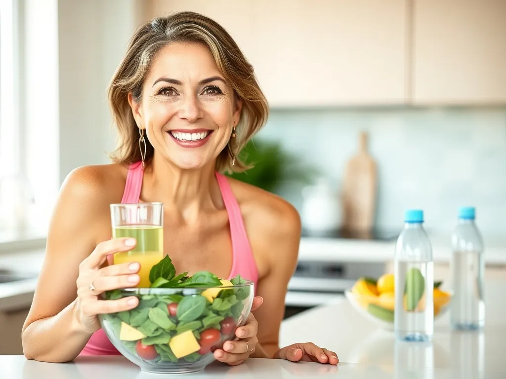 Kobieta po czterdziestce w sportowym stroju je sałatkę i pije wodę w jasnej kuchni, symbol zdrowego odchudzania.