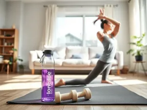 Minimalistyczna domowa siłownia z podstawowym sprzętem: hantle, kettlebell, mata, gumy oporowe i ławka treningowa.