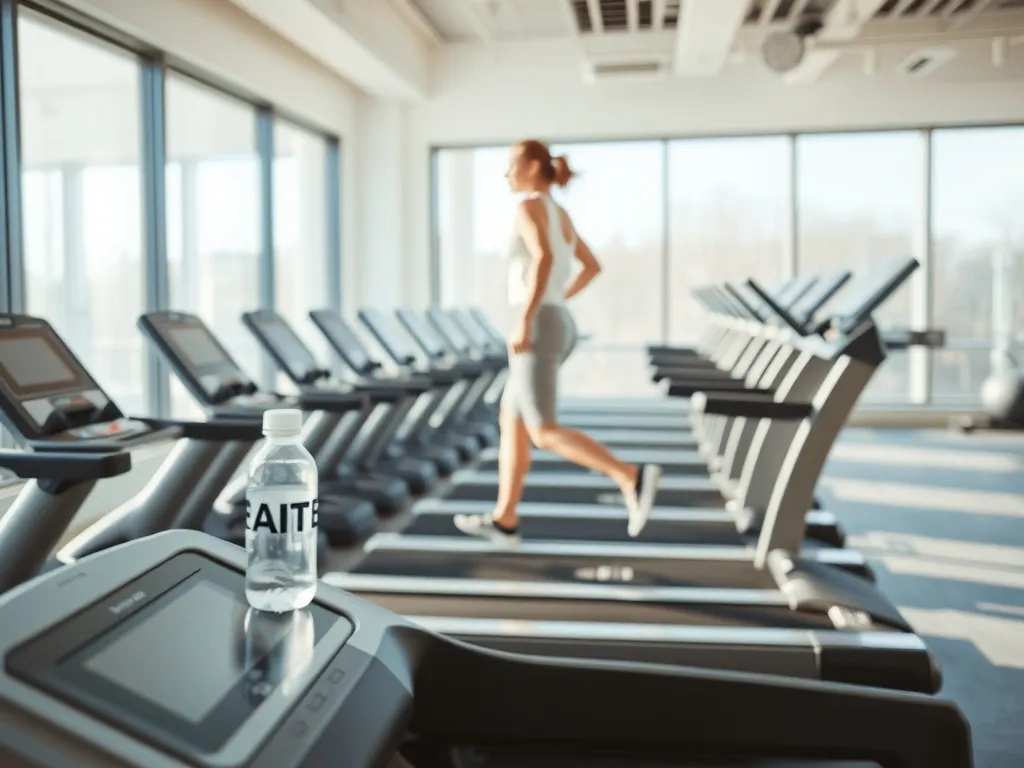 Osoba w prostym stroju sportowym spokojnie idzie na bieżni w jasnej siłowni, ilustrując początki treningu na bieżni.
