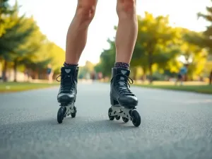 Osoba jedzie na rolkach po parkowej ścieżce w słoneczne popołudnie, symbol aktywnego i zdrowego stylu życia.