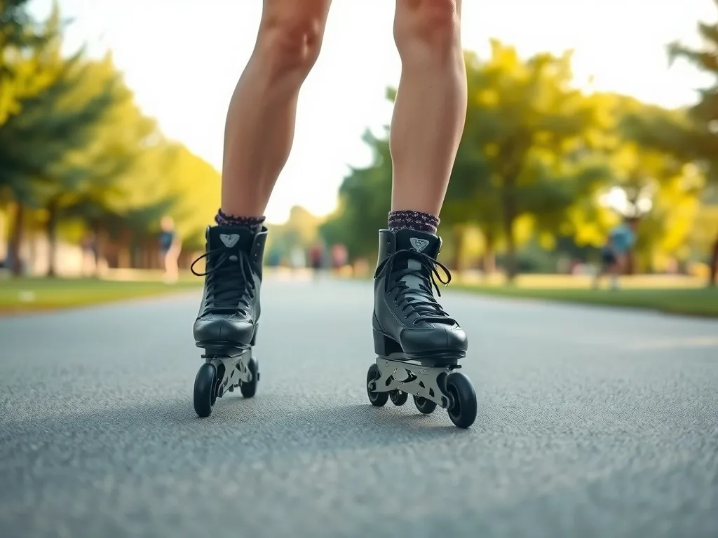 Osoba jedzie na rolkach po parkowej ścieżce w słoneczne popołudnie, symbol aktywnego i zdrowego stylu życia.