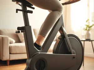 Osoba ćwicząca na rowerze stacjonarnym w jasnym, przytulnym salonie, podkreślająca domowy, zdrowy styl życia.