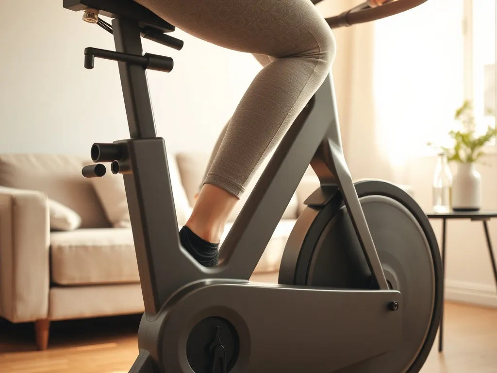 Osoba ćwicząca na rowerze stacjonarnym w jasnym, przytulnym salonie, podkreślająca domowy, zdrowy styl życia.