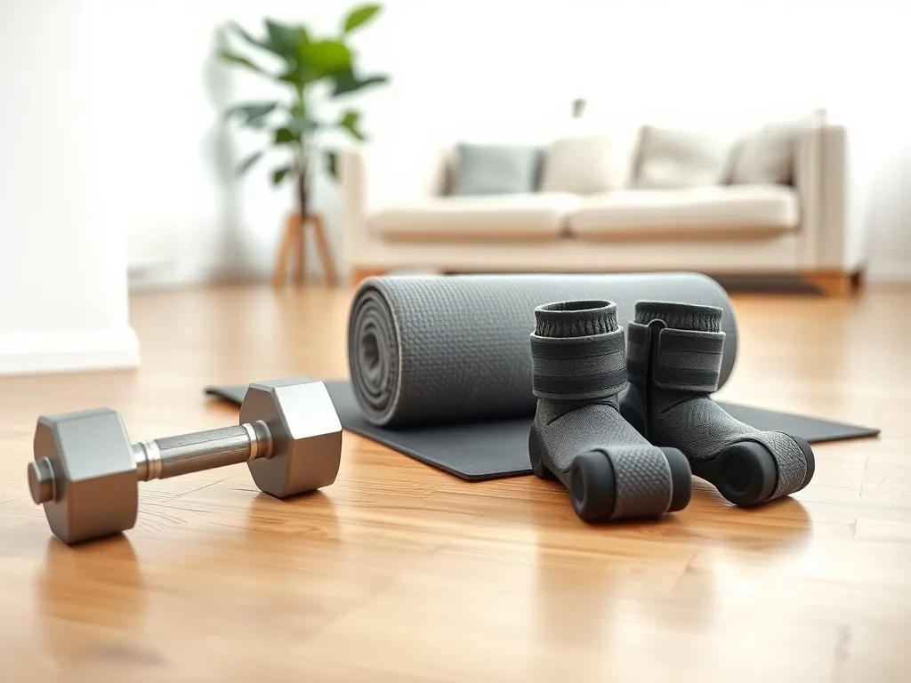 Kąt domowej siłowni z hantlami, obciążnikami i matą, podkreślający wybór sprzętu do treningu w salonie