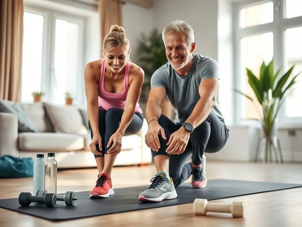 Para uśmiechniętych czterdziestolatków szykuje się do domowego treningu, wiąże buty sportowe w przytulnym, jasnym salonie.