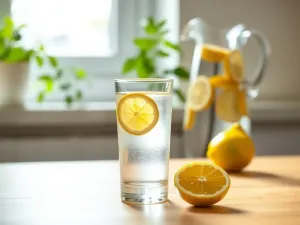 Szklanka wody z cytryną na drewnianym stole w jasnej kuchni, symbol porannego rytuału na czczo i orzeźwienia.