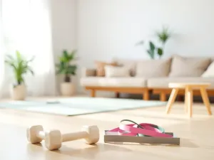 Zestaw prostych przyrządów do ćwiczeń w domu dla seniora w przytulnym salonie, w spokojnych pastelowych kolorach.