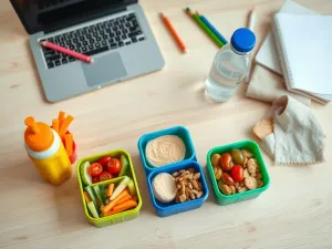Kolorowe pudełka śniadaniowe z warzywami, owocami i orzechami na biurku obok wody, laptopa i zeszytów do pracy i szkoły