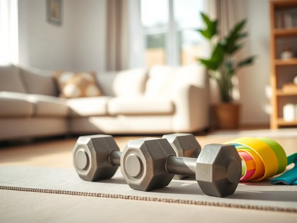Hantle i kolorowe gumy oporowe na macie w jasnym salonie, podkreślające domową, komfortową przestrzeń do ćwiczeń.