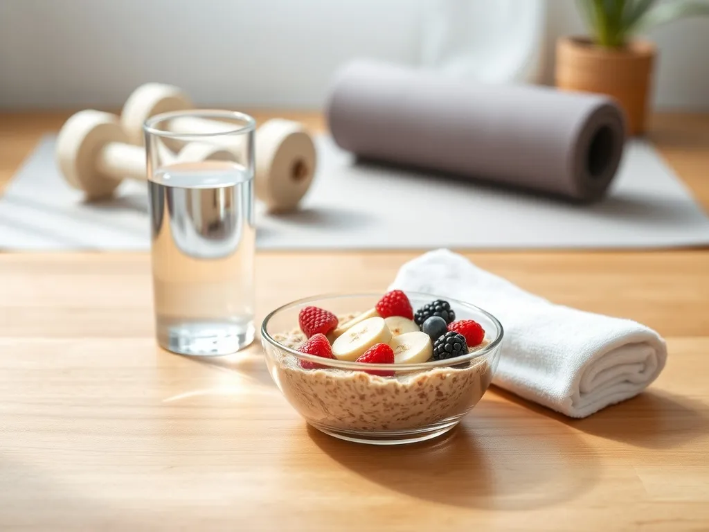 Miseczka owsianki z owocami, szklanka wody i ręcznik na stole, w tle hantle i mata jako lekki posiłek przed treningiem