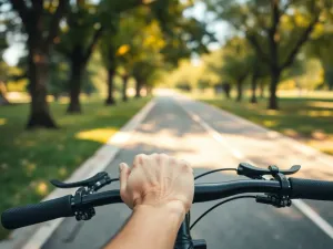 Ręce rowerzysty delikatnie naciskające klamki hamulcowe na kierownicy, na tle pustej ścieżki rowerowej w parku.