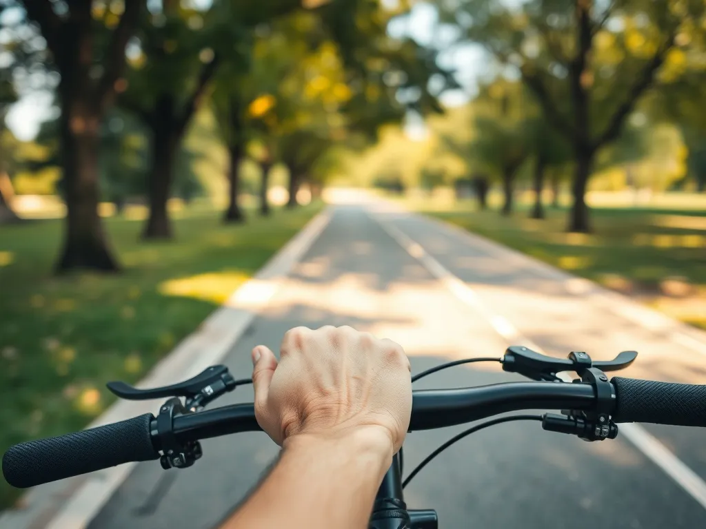 Ręce rowerzysty delikatnie naciskające klamki hamulcowe na kierownicy, na tle pustej ścieżki rowerowej w parku.