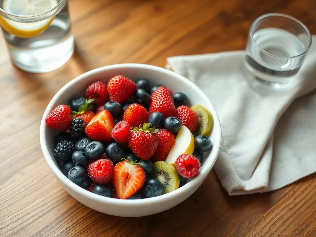 Miseczka z jagodami, truskawkami, malinami, kiwi i zielonym jabłkiem na drewnianym stole jako przykład owoców mało słodkich