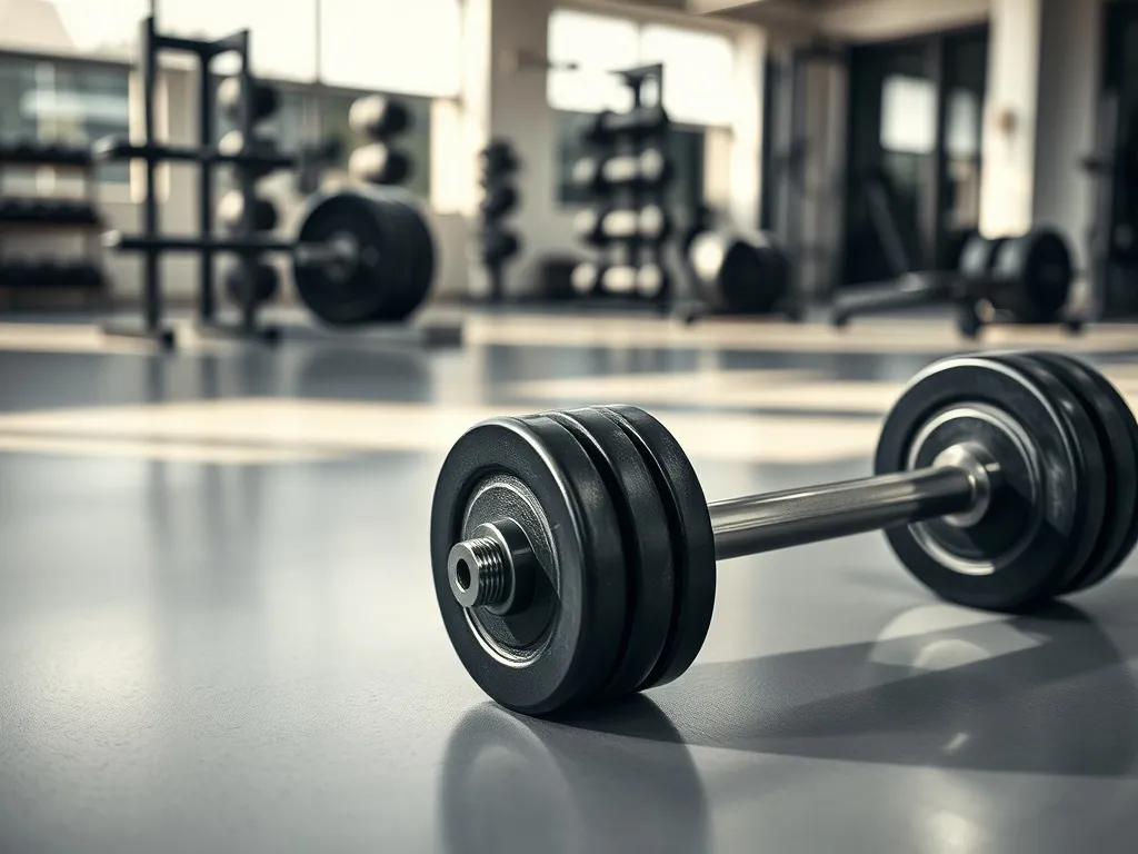 Hantelka i sztanga na podłodze siłowni, symbolizujące wybór najlepszego sprzętu do treningu siłowego