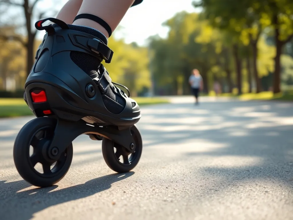 Początkujący na rolkach demonstruje hamowanie hamulcem piętowym na gładkiej alejce w słonecznym parku.