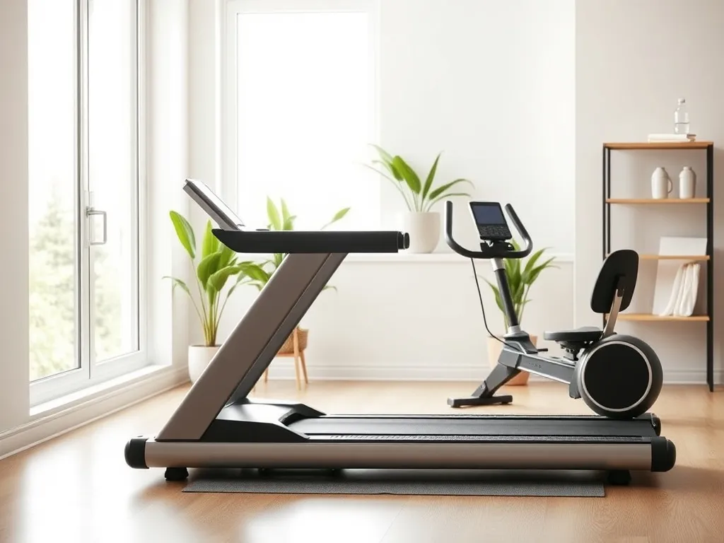 Bieżnia i wioślarz w nowoczesnej, jasnej siłowni domowej, ustawione obok siebie do porównania treningu cardio