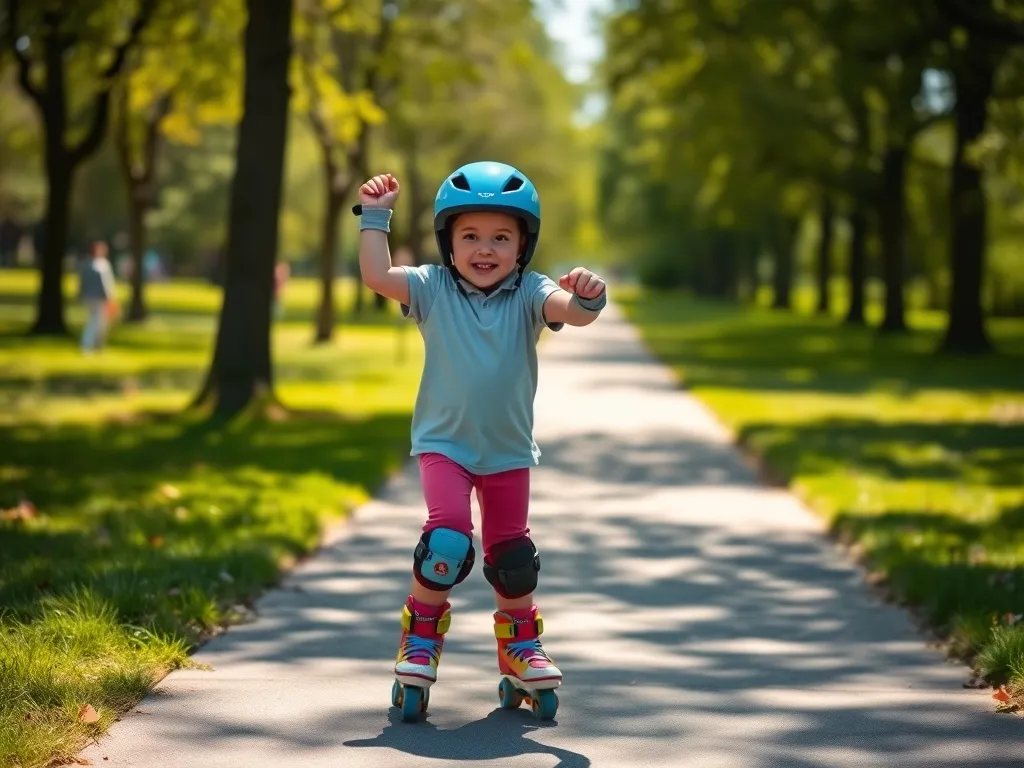 Dziecko w kolorowych rolkach uczy się jazdy w parku, trzymając dorosłego za rękę; kask i ochraniacze podkreślają bezpieczeństwo.