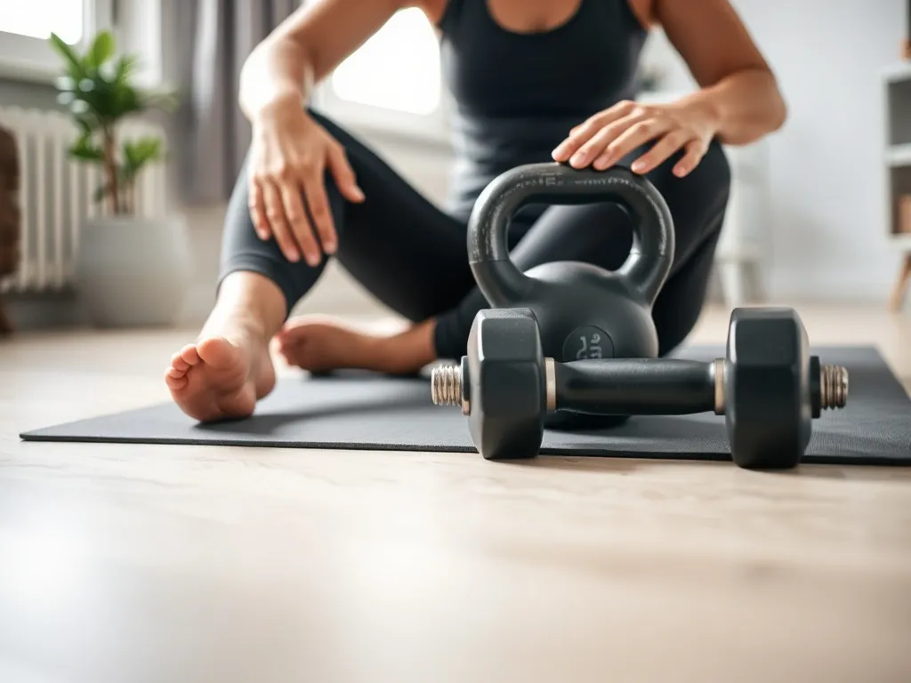 Osoba na macie dotyka jednocześnie kettla i hantla, symbolicznie wybierając sprzęt do domowego treningu.