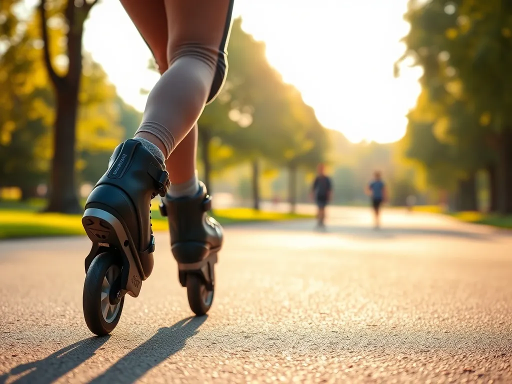 Osoba na rolkach skręca na gładkiej ścieżce w parku, pokazując prostą technikę skrętu dla początkujących.