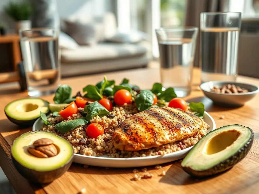 Kolorowy posiłek potreningowy: grillowany kurczak, komosa, sałatka, awokado, orzechy i woda na drewnianym stole.