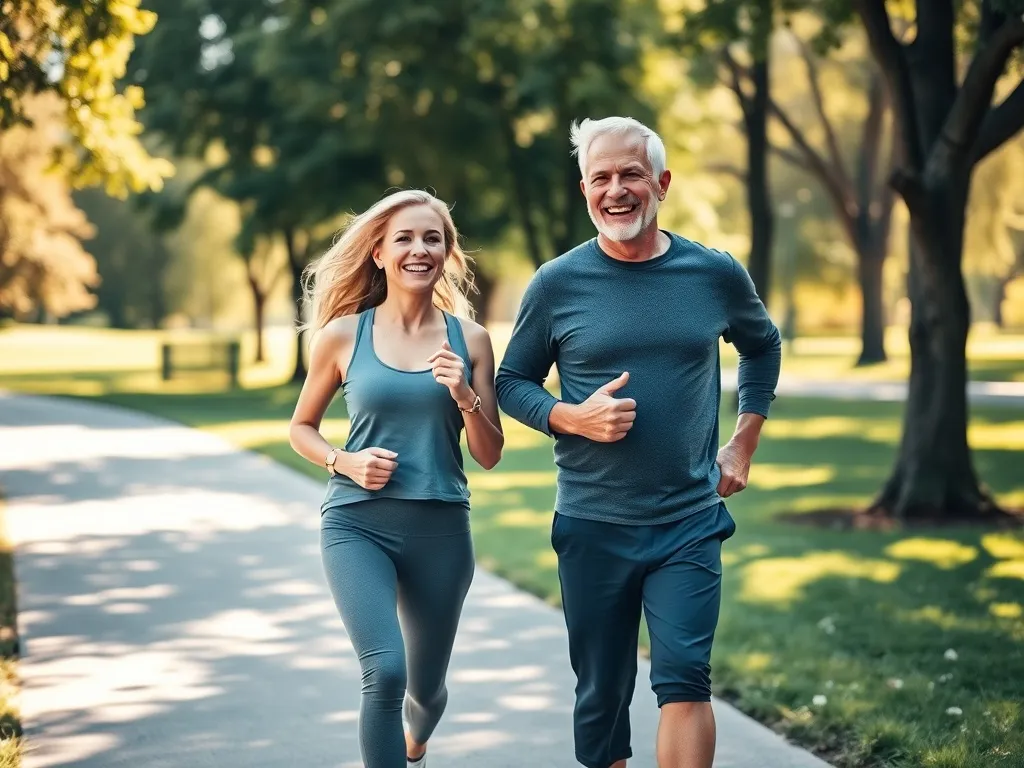 Uśmiechnięta para po pięćdziesiątce żwawo maszeruje po słonecznym parku, pokazując radość z aktywności fizycznej.