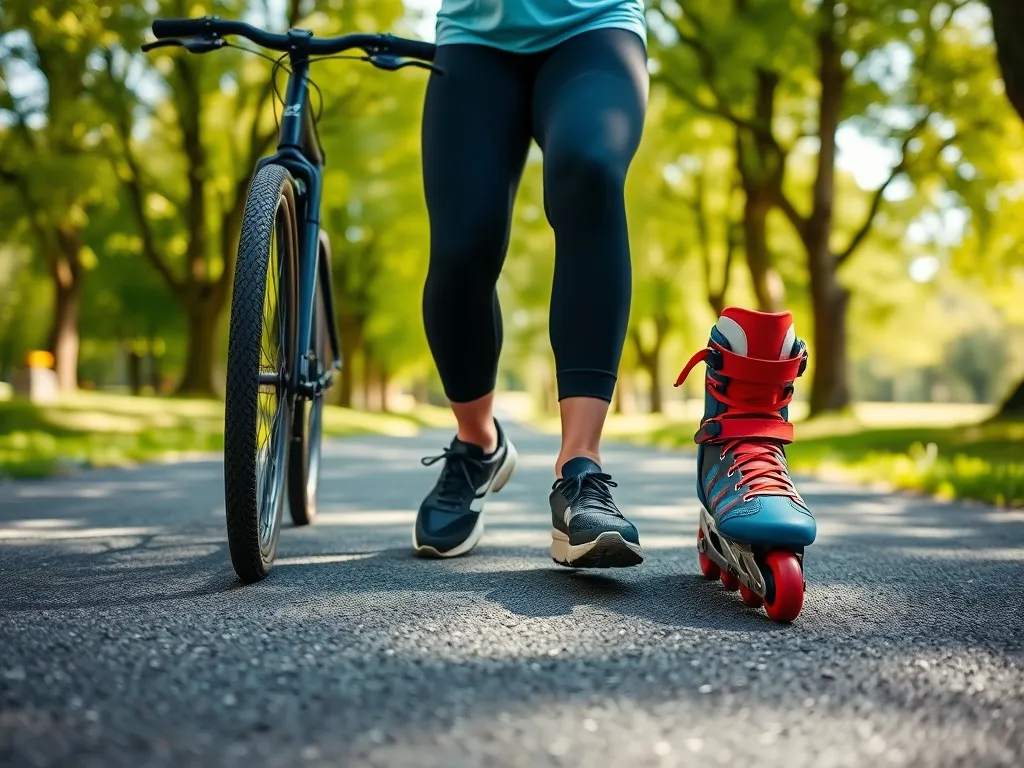 Osoba w stroju sportowym w parku, z jedną nogą na pedale roweru, drugą w rolce, zastanawia się nad wyborem aktywności.