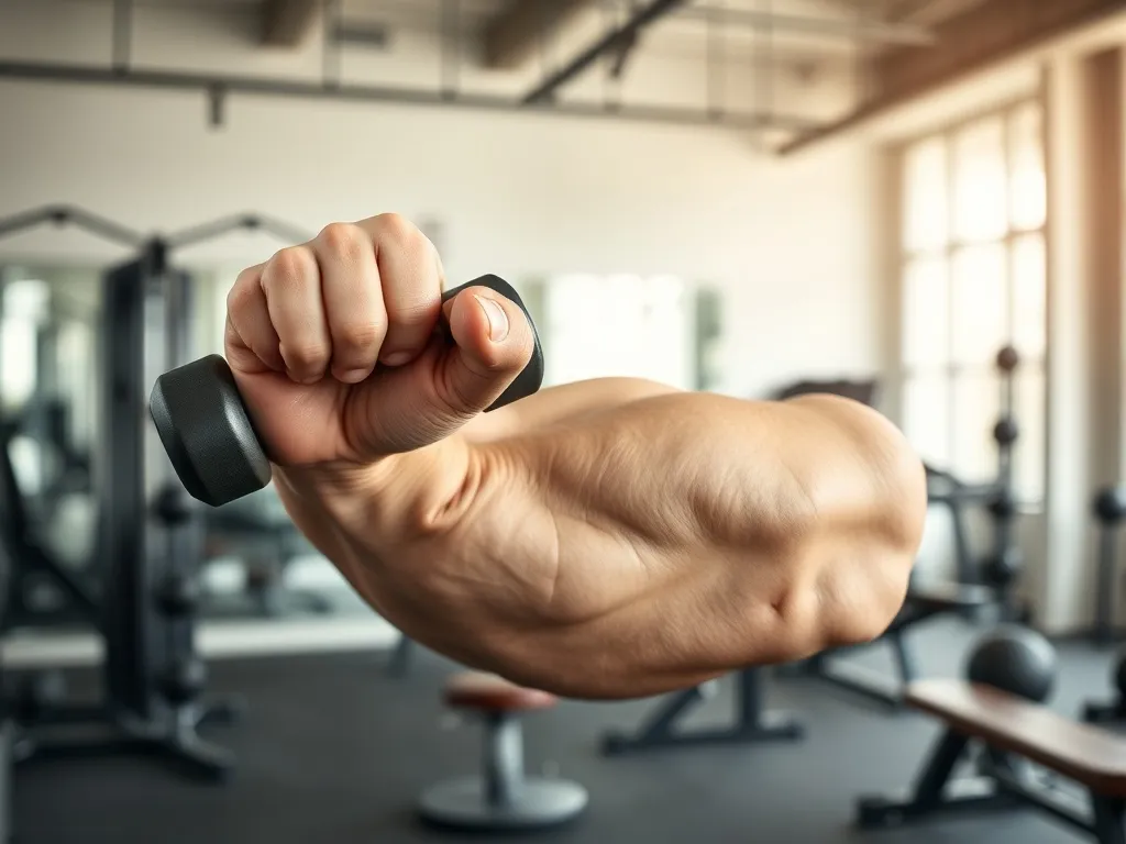 Zbliżenie napiętego bicepsa z hantlą w nowoczesnej siłowni, podkreślające budowę mięśni i efekty treningu.