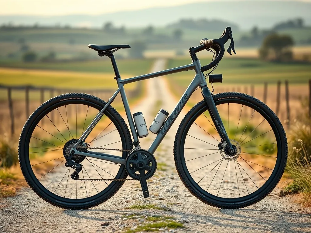 Nowoczesny rower gravel na szutrowej ścieżce w otwartym, wiejskim terenie, podkreślający jego terenowy charakter.
