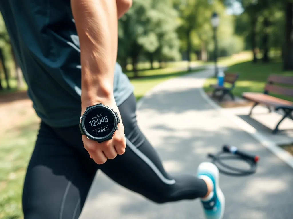 Osoba biegnąca w parku, smartwatch pokazuje spalone kalorie, w tle ławka z butelką wody i skakanką