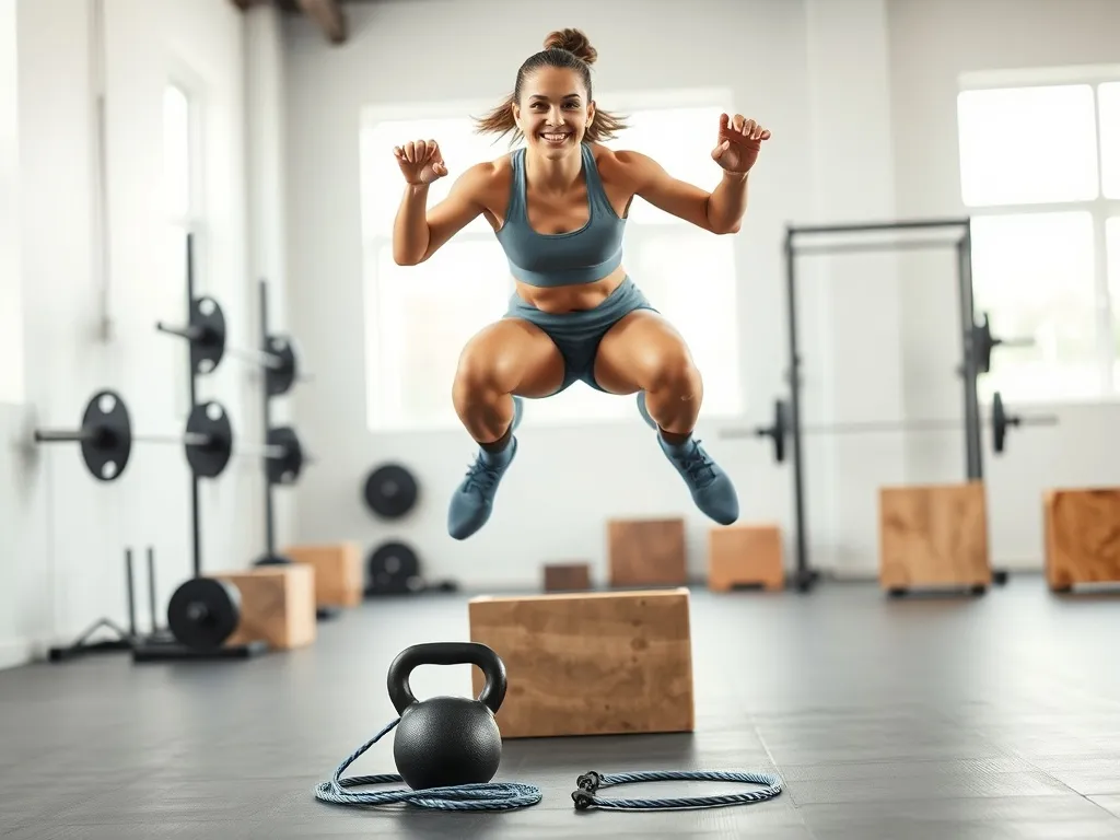 Początkująca osoba wykonująca prosty box jump w jasnej siłowni crossfit, obok kettlebell i skakanki, lekki uśmiech, skupienie
