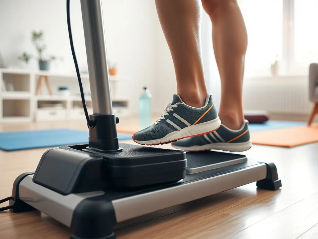 Stopy w sportowych butach ćwiczą na kompaktowym stepperze w jasnym salonie, obok mata i bidon, domowy trening cardio.
