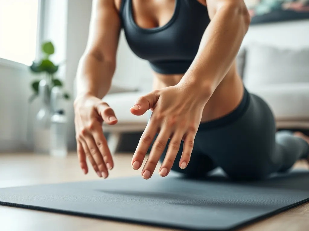 Osoba w sportowym stroju wykonuje łatwą pompkę na macie w salonie, pokazując poprawną technikę dla początkujących.