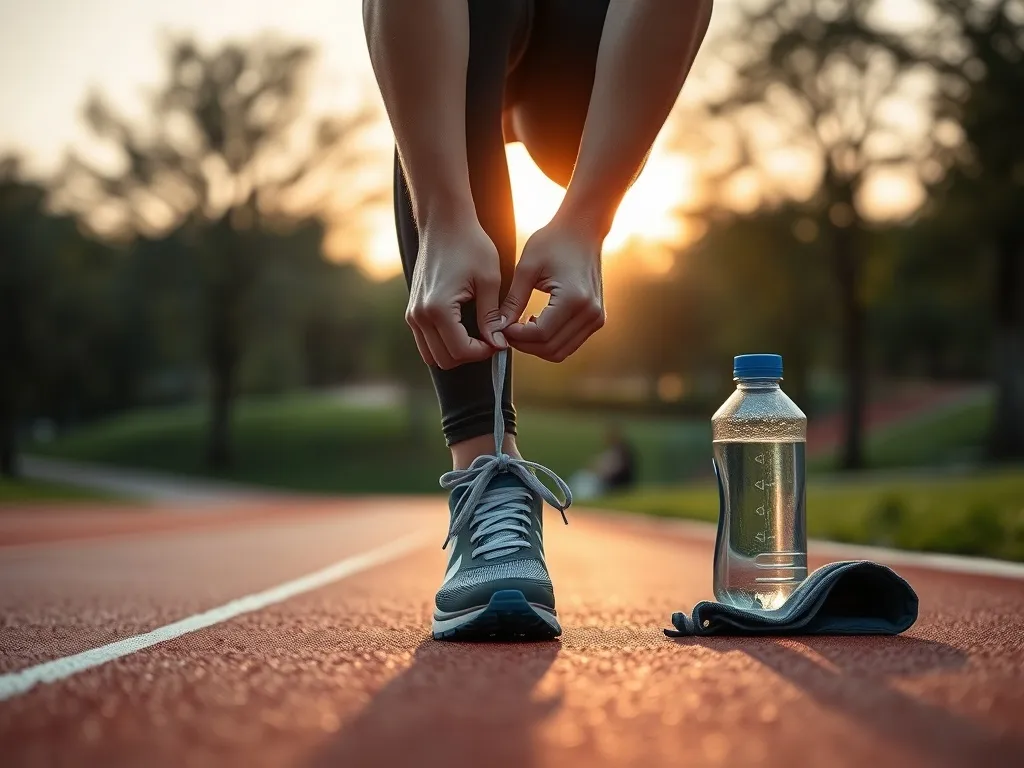Osoba w stroju sportowym wiąże buty do biegania na bieżni o świcie, gotowa do treningu spalającego tkankę tłuszczową.