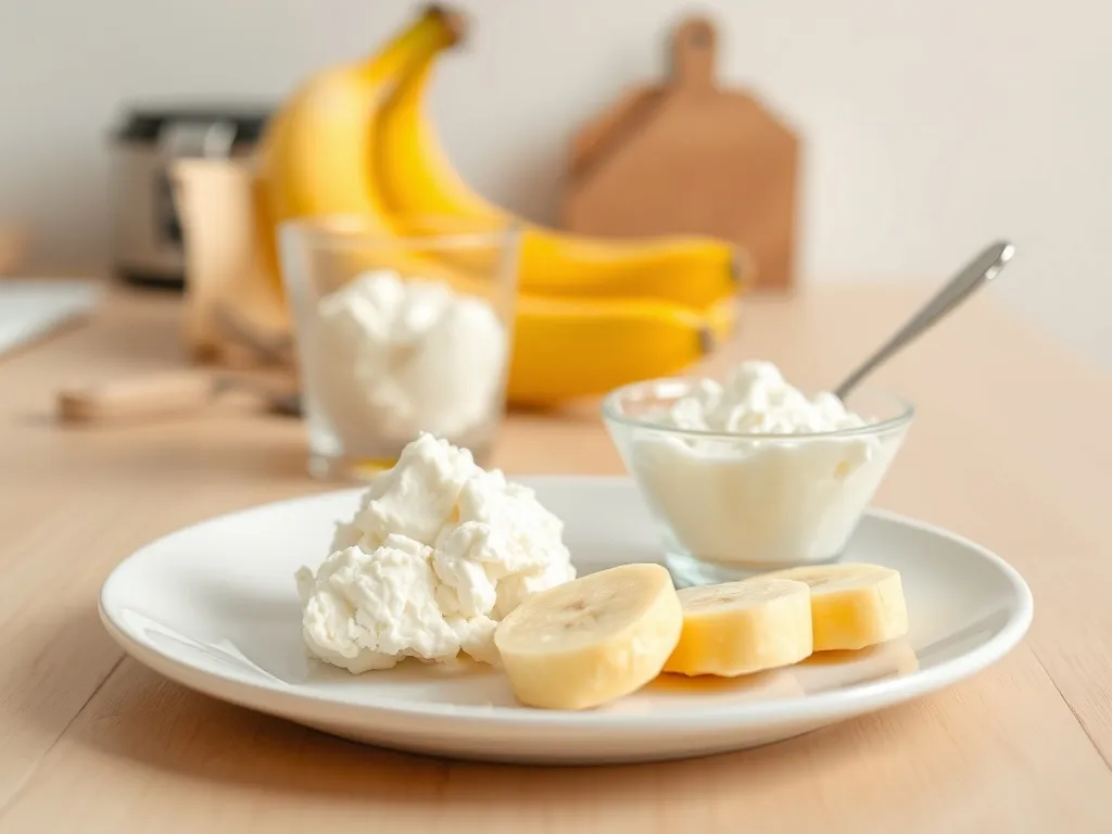 Pokrojony banan na talerzu obok miseczki twarogu, ilustrujący źródła białka i wartości odżywcze banana.