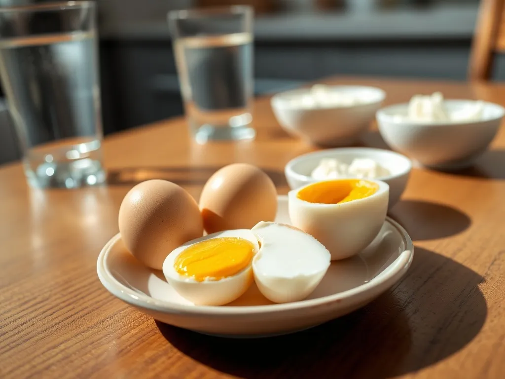 Dwa jajka i połówka jajka na talerzyku, w tle twaróg i woda – ilustracja porcji białka w diecie.
